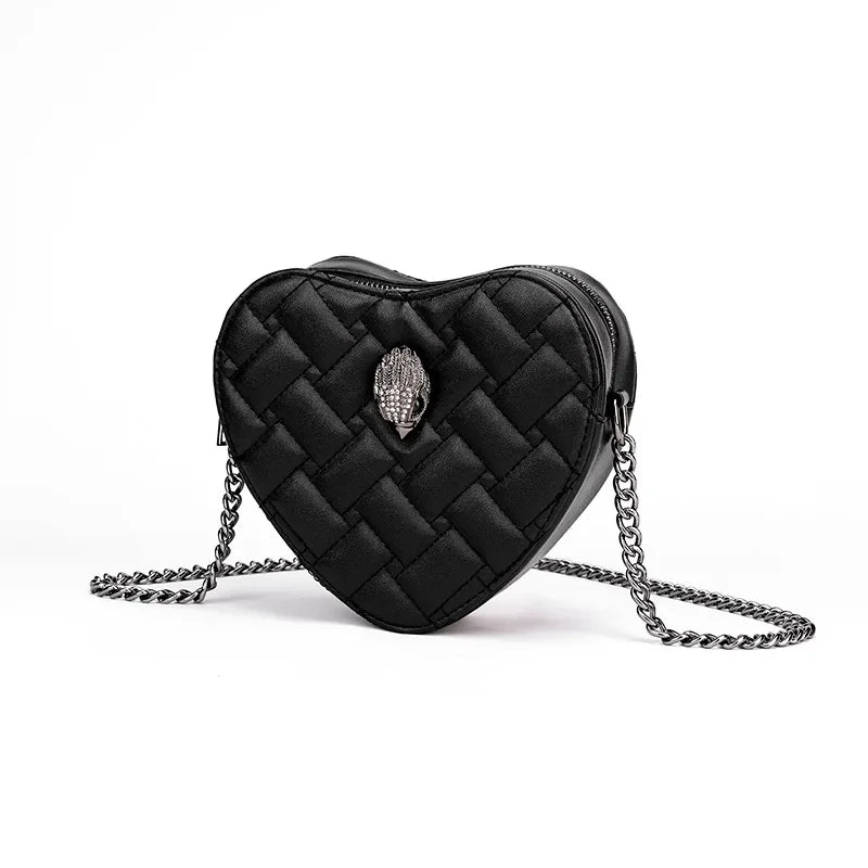 Women’s Heart-Shaped Herringbone Crossbody Bag – Eagle & Bird-Head Chain Detail Purse