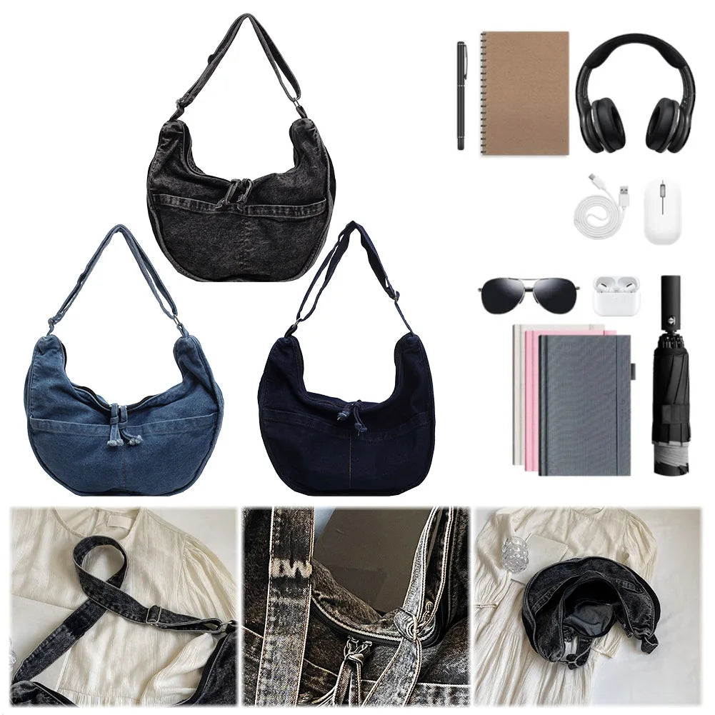 Denim Crescent Shoulder & Crossbody Bag for Women – Vintage Jean Tote Style for Work, Shopping & Travel