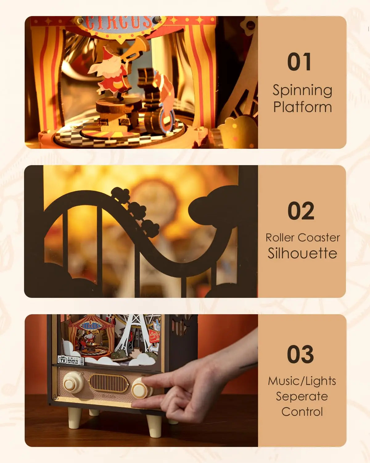 “Robotime Rolife Sunset Carnival Music Box – 3D Wooden Puzzle Ferris Wheel with Lights, DIY Home Decoration & Gift”