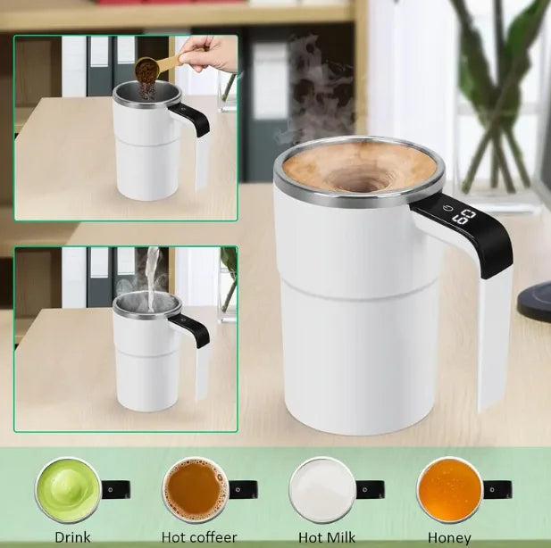 Rechargeable Automatic Coffee Mixer Cup – Stainless Steel Electric Stirrer with Temperature Display & USB Charging
