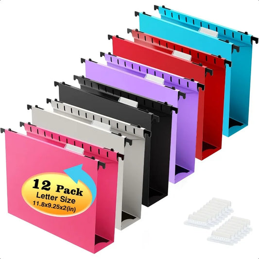 Extra Capacity Hanging File Folders – 12 Pack Heavy-Duty Plastic, Letter Size with Reinforced 2" Expansion for Filing Cabinets