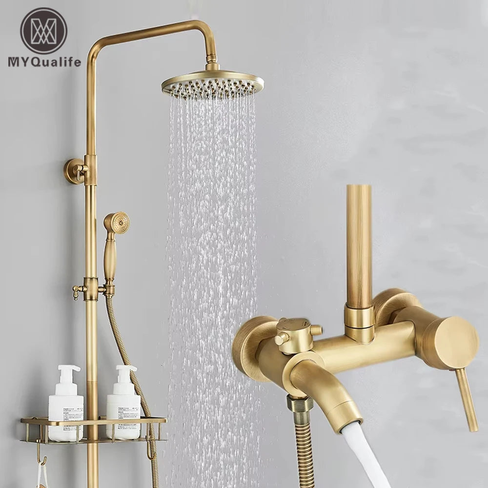 Antique Brass Shower Faucet Set – Wall-Mounted Rainfall Head with Dual Handles Hot & Cold Mixer Tap