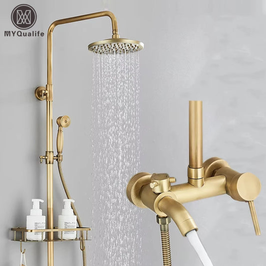 Antique Brass Shower Faucet Set – Wall-Mounted Rainfall Head with Dual Handles Hot & Cold Mixer Tap