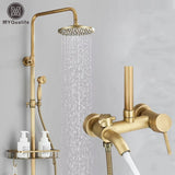 Antique Brass Shower Faucet Set – Wall-Mounted Rainfall Head with Dual Handles Hot & Cold Mixer Tap