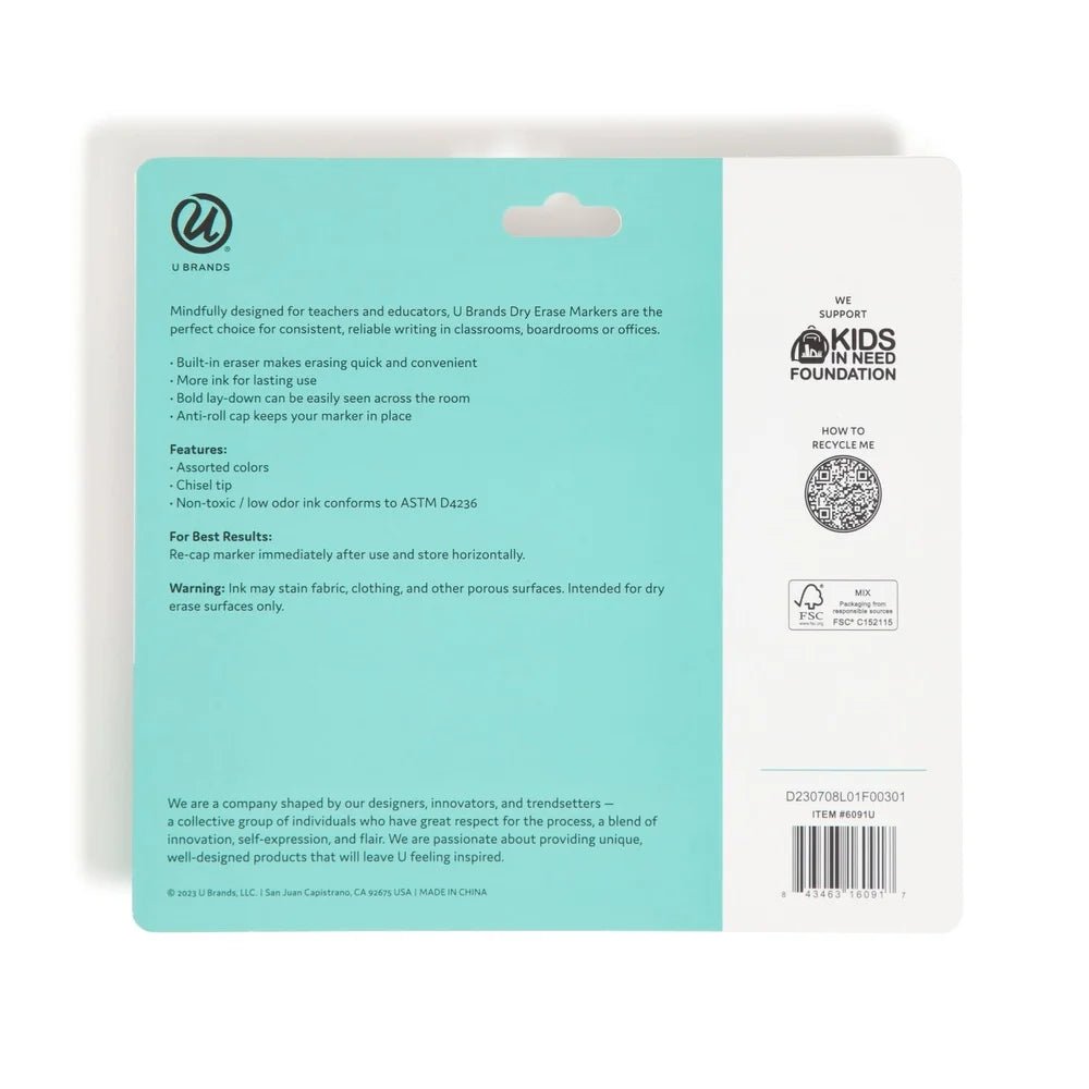 Dry Erase Markers Set of 5 with Built-In Erasers, Low-Odor Chisel Tip for Office & School