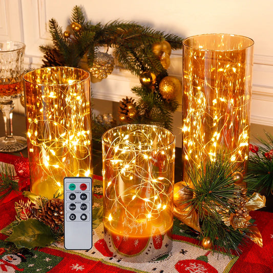 3-Piece Glass Flameless LED Candle Set – Battery-Powered Fairy Light Candles with Remote Control | Elegant Decorative Table Lamps