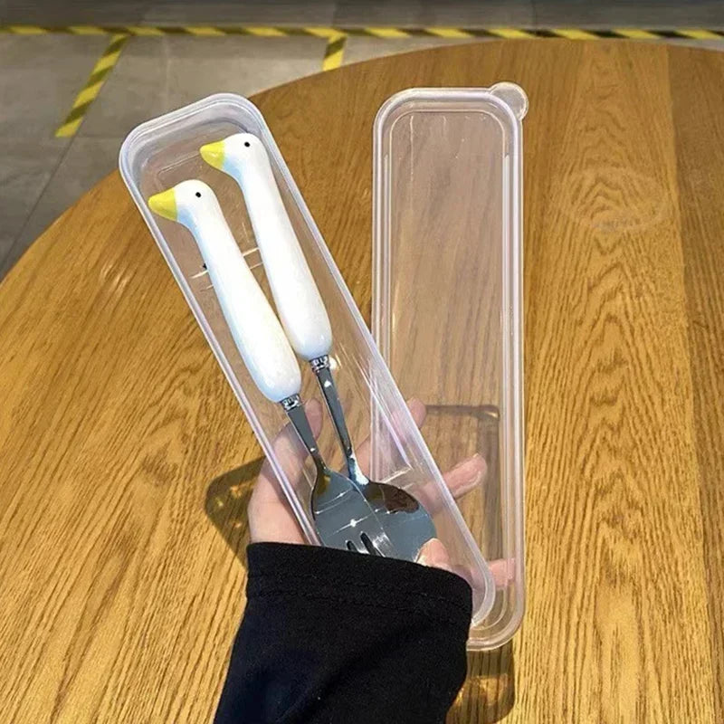 Cute Cartoon Animal Stainless Steel Spoon & Fork Set with Portable Box – Kids’ Outdoor Lunch Tableware