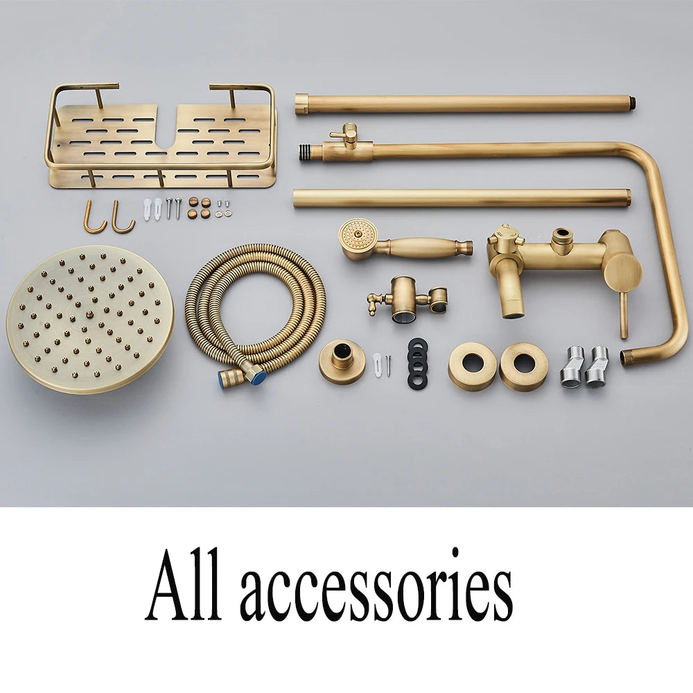 Antique Brass Shower Faucet Set – Wall-Mounted Rainfall Head with Dual Handles Hot & Cold Mixer Tap