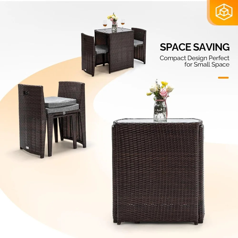 “3-Piece Wicker Patio Bistro Set – Outdoor Furniture with Glass Table & 2 Chairs for Balcony, Garden & Small Spaces”