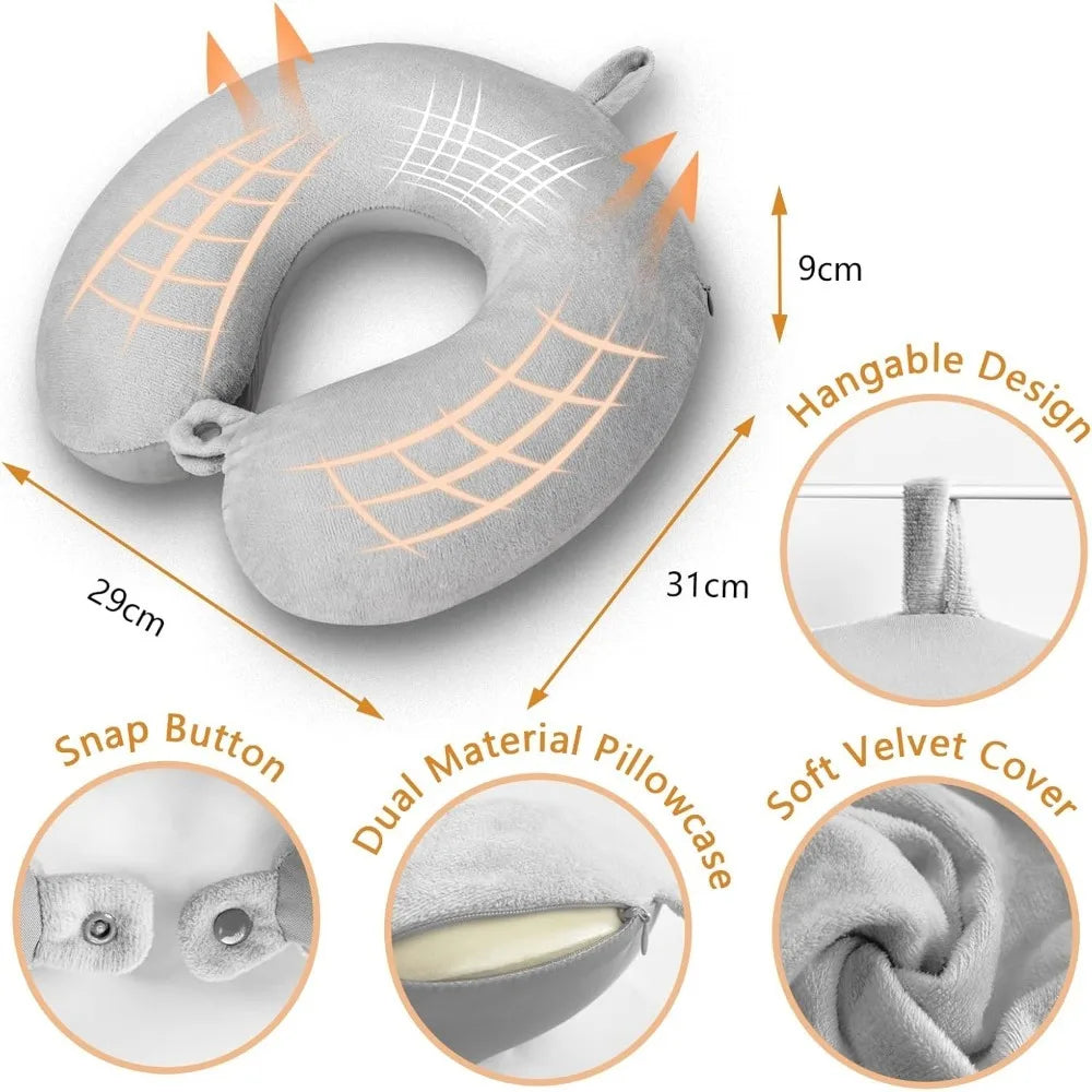 Ergonomic memory foam U-shaped travel pillow – portable airplane neck cushion for adults with winter & summer comfort