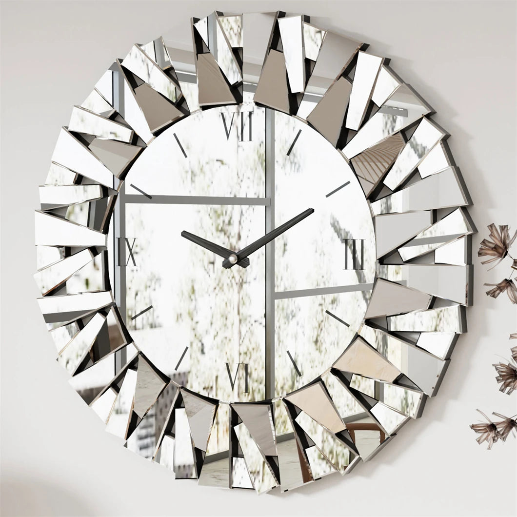 Large 3D Mirrored Wall Clock – Sunburst Round Roman Numeral Design (32–80cm) for Modern Living Room, Dining Room & Fireplace Décor