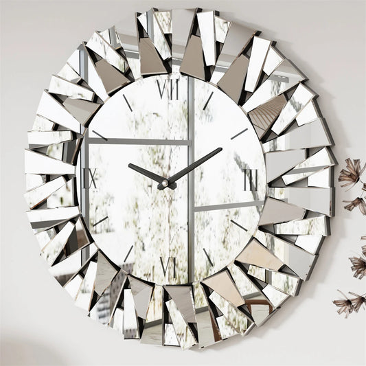 Large 3D Mirrored Wall Clock – Sunburst Round Roman Numeral Design (32–80cm) for Modern Living Room, Dining Room & Fireplace Décor