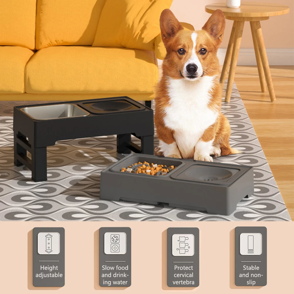 3-in-1 Pet Dog Stainless Steel Slow Feed & Water Bowls – Adjustable Height, Anti-Knock Design for Cats & Dogs 🐾🥣