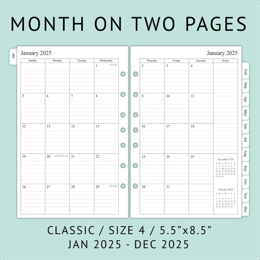 2025 Weekly & Monthly Planner Refill – 5.5" x 8.5" Classic Desk Size with Ruled Daily Blocks 📒