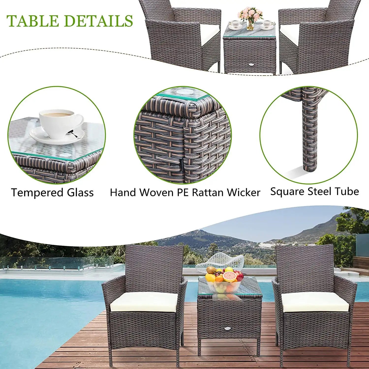 “3-Piece Outdoor Patio Bar Set – PE Rattan Wicker Table & Cushioned Chairs with Tempered Glass Top in Brown & Beige”