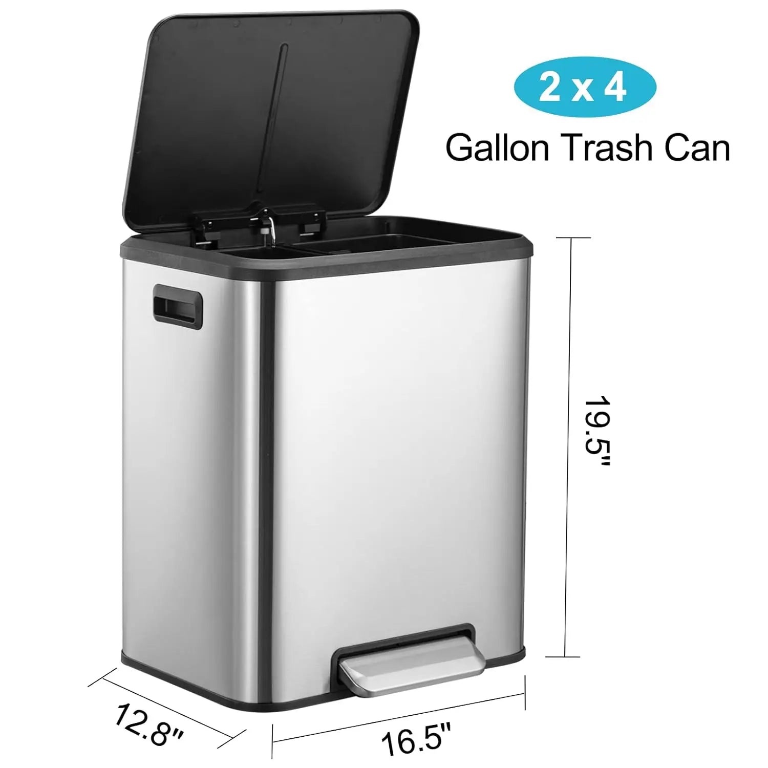 Dual Trash Can – Stainless Steel 2 × 4 Gallon (2 × 15L) Garbage & Recycling Bin with Pedal, Inner Buckets & Soft-Close Lid