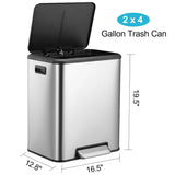 Dual Trash Can – Stainless Steel 2 × 4 Gallon (2 × 15L) Garbage & Recycling Bin with Pedal, Inner Buckets & Soft-Close Lid
