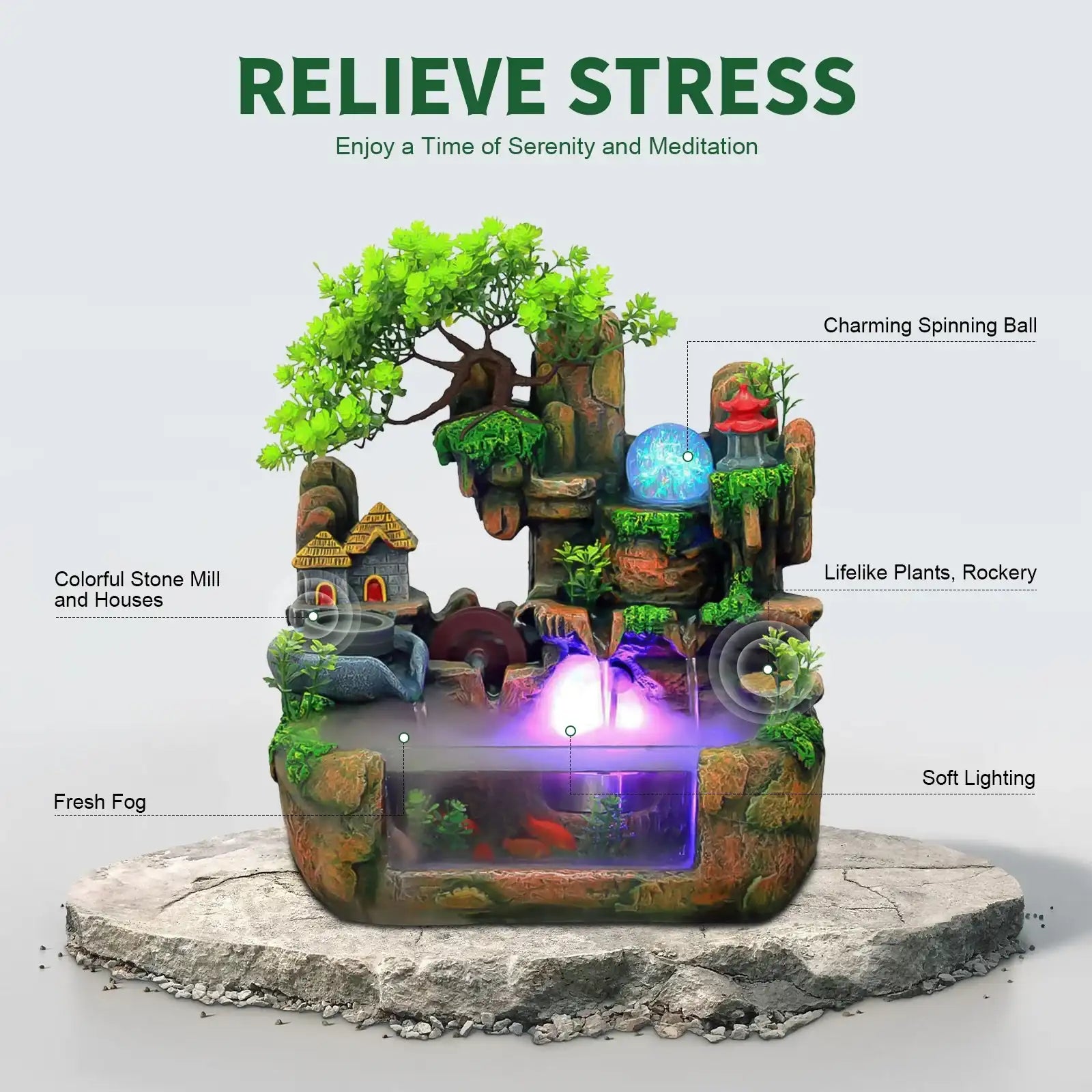 LED Tabletop Rockery Waterfall Fountain – Feng Shui Indoor Desktop Feature with Atomizer & LED Lights