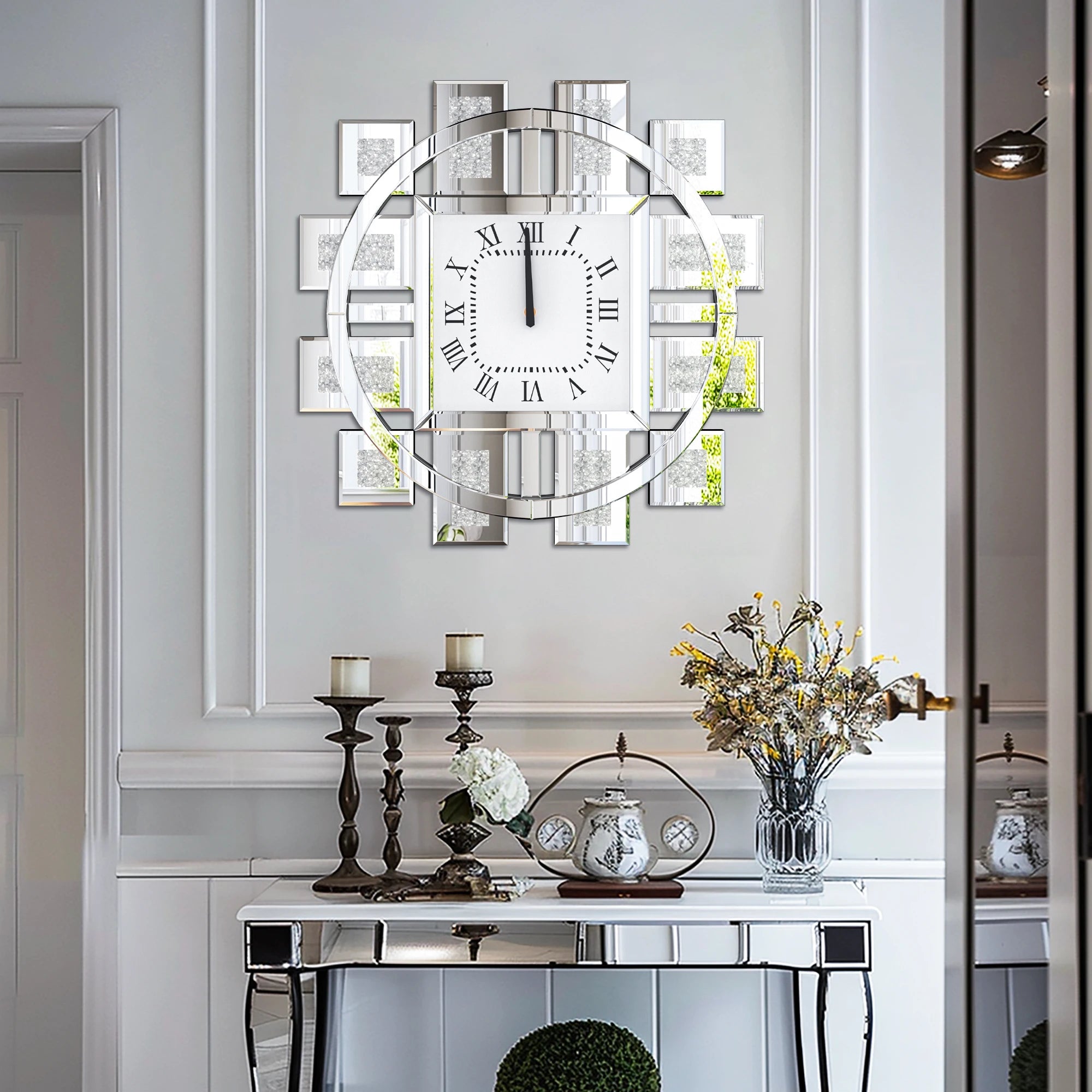 Irregular Large Diamond Mirrored Wall Clock – Luxury Sparkle Bling Quartz Clock with Roman Numerals for Living Room Décor