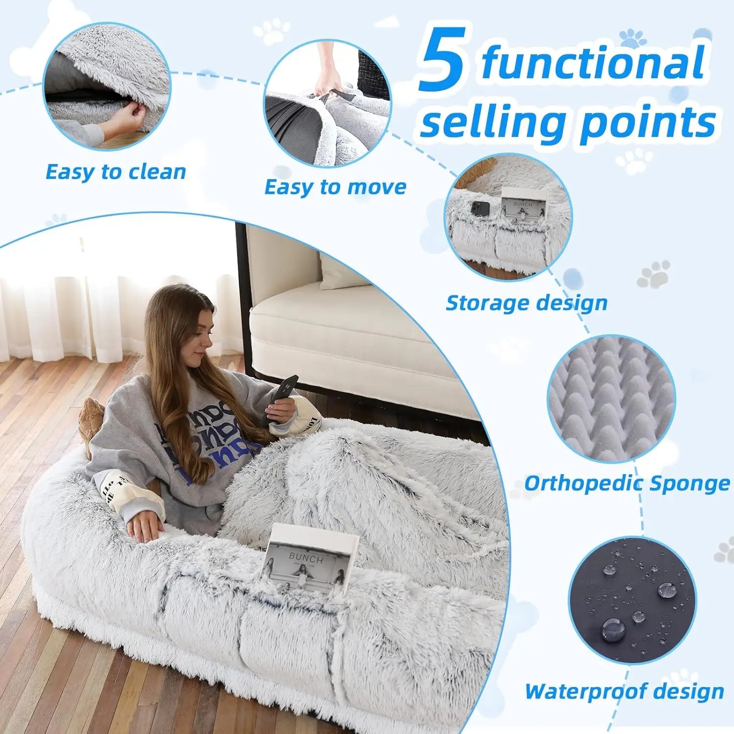 Human Dog Bed (71" x 45" x 12") – Oversized Faux Fur Washable Pet Bed for People & Pets