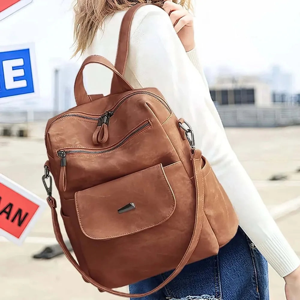 Waterproof PU Leather Backpack Purse for Women – Brown Casual Shoulder Handbag