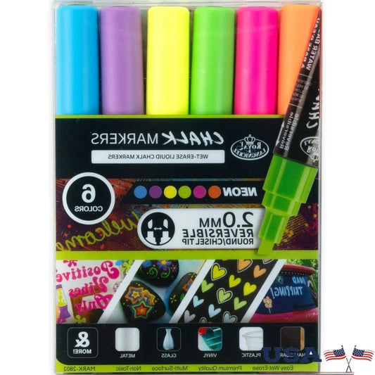 6-Piece Neon Liquid Chalk Marker Set – Non-Toxic Reversible Fine Tip, Easy-Clean Multi-Surface Pens for Artists & Crafters