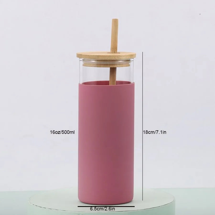 16oz Glass Water Bottle with Bamboo Lid & Straw – Silicone Sleeve, Stylish Reusable Hydration 💧🌿
