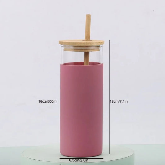 16oz Glass Water Bottle with Bamboo Lid & Straw – Silicone Sleeve, Stylish Reusable Hydration 💧🌿