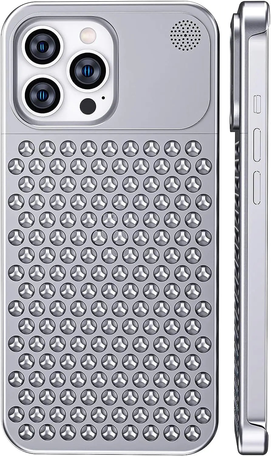Aluminum Alloy Cooling Hollow Metal Case – Aromatherapy Shockproof Rimless Cover for iPhone 12/13/14/15 Pro Max & Plus