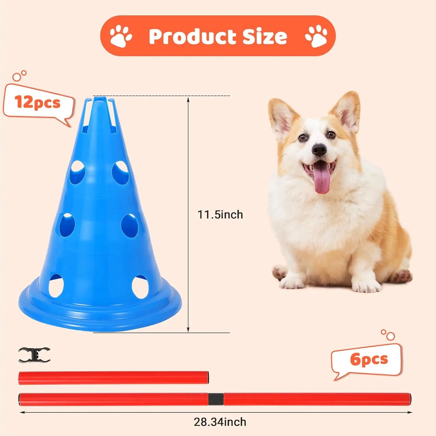 Dog Agility Hurdle Cone Set – Backyard Training Course with 12 Cones & 6 Agility Rods for Pet Exercise & Obedience