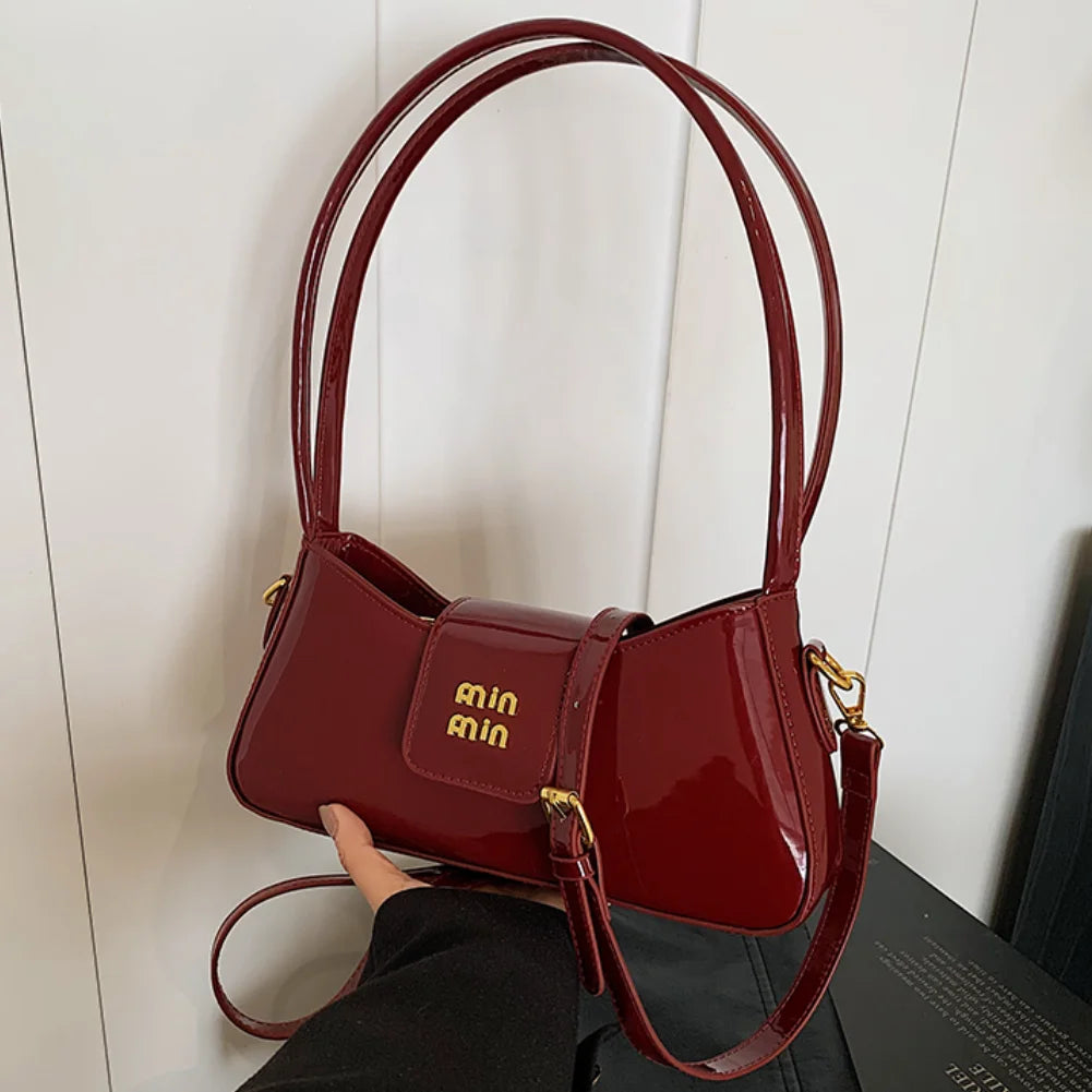Women’s Patent PU Leather Armpit Handbag – Luxury Gold Buckle Shoulder Bag with Elegant Glossy Finish for Trendy Fashion Looks
