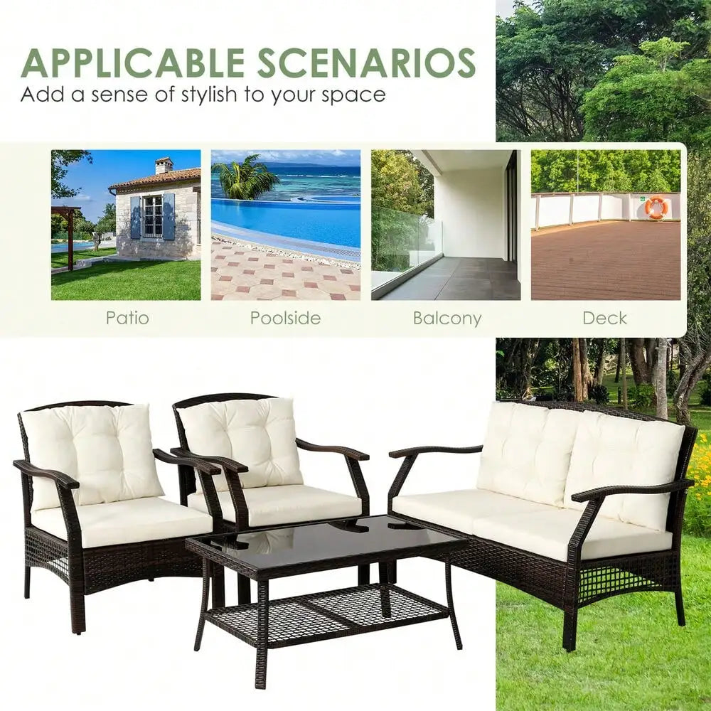 “4-Piece Rattan Patio Conversation Set – Wicker Sofa, Chairs, Coffee Table with Waterproof Cover for Outdoor Living”