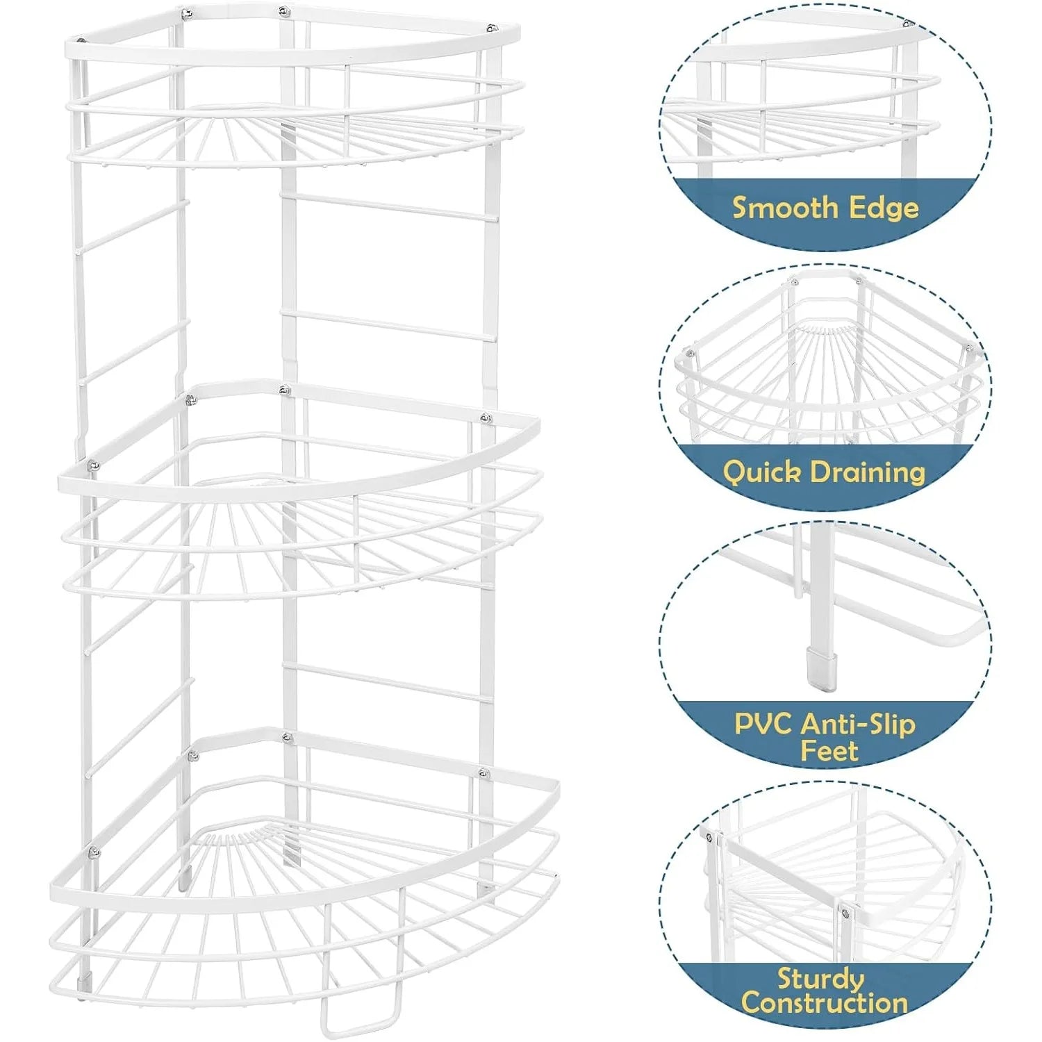 White 3-Tier Rustproof Metal Corner Shelf – Space-Saving Organizer for Bathroom, Kitchen & Living Room