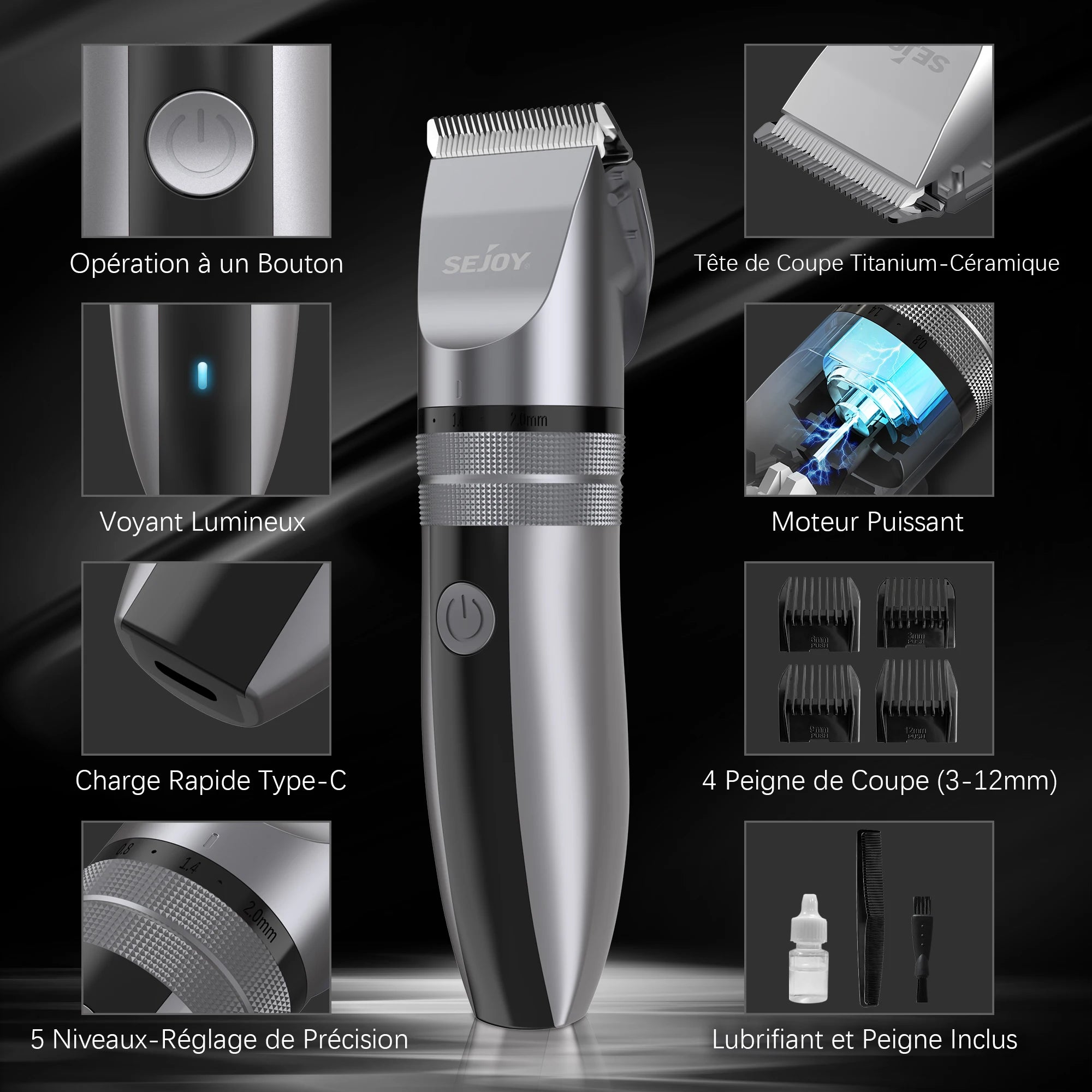 Sejoy Electric Hair Clippers – USB Rechargeable Grooming Kit with LED Battery Display & 4 Guide Combs 🤜✂️