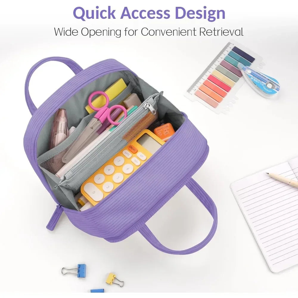 Large Soft Corduroy Zip Pencil Case – 6-Compartment Aesthetic Organizer (Purple)