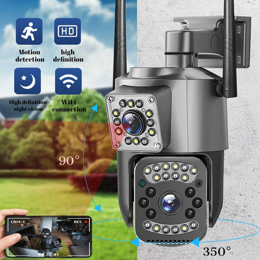 WiFi Waterproof Dual-Lens 4MP PTZ Security Camera – AI Human Detection, Color Night Vision & Dual-Screen Surveillance System (Outdoor)