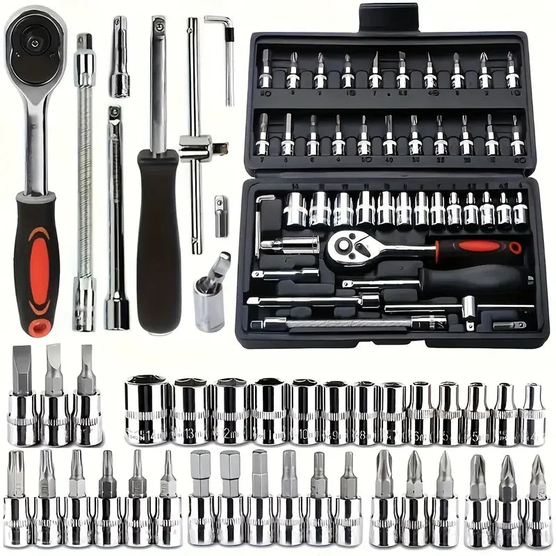 46-Piece Car Repair Tool Kit – Ratchet, Torque Wrench & Socket Set for Auto & Bike Maintenance 🔧