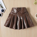 Girls Mesh Puff-Sleeve Turtleneck Top & PU Leather Pleated Skirt 2-Piece Set (Ages 1-6Y)