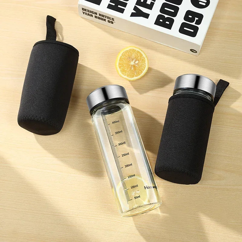 Portable Graduated Glass Water Bottle with Lid – Durable Transparent Travel Cup for Milk, Tea & Outdoor Sport