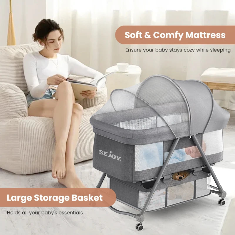 3-in-1 Baby Travel Cot & Crib – Convertible Folding Bed with Mosquito Net, Soft Mattress Pad & Silent Wheels