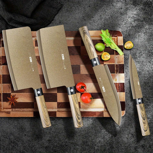 “Titanium-Coated 4-Piece Kitchen Knife Set – Sharp & Durable for Meat, Bones, Home or Commercial Use”