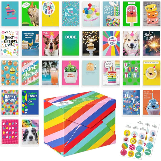 30-Count Funny Birthday Card Assortment – Recycled Paper Greeting Cards with Envelopes, Seals & Storage Box