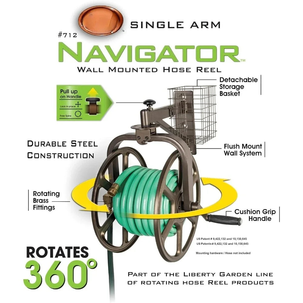Innovative Single-Arm Navigator Garden Hose Reel – 125ft Capacity | Multi-Directional Bronze Hose Holder for Outdoor & Lawn Care