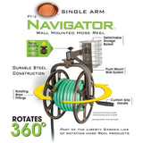 Innovative Single-Arm Navigator Garden Hose Reel – 125ft Capacity | Multi-Directional Bronze Hose Holder for Outdoor & Lawn Care