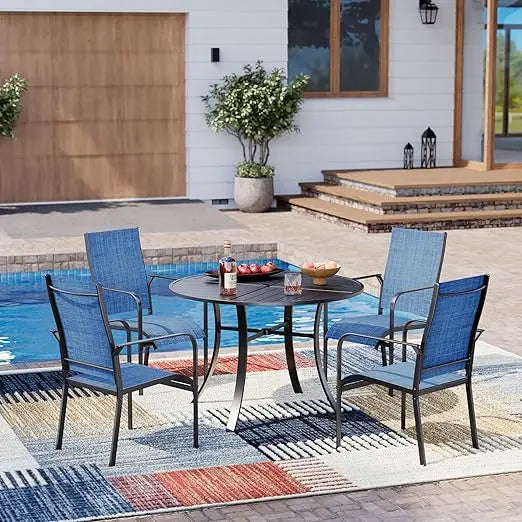 “7-Piece All-Weather Rattan Patio Dining Set – 60” Wood-Top Table with Umbrella Hole & 6 Cushioned Chairs for Outdoor Garden & Backyard”