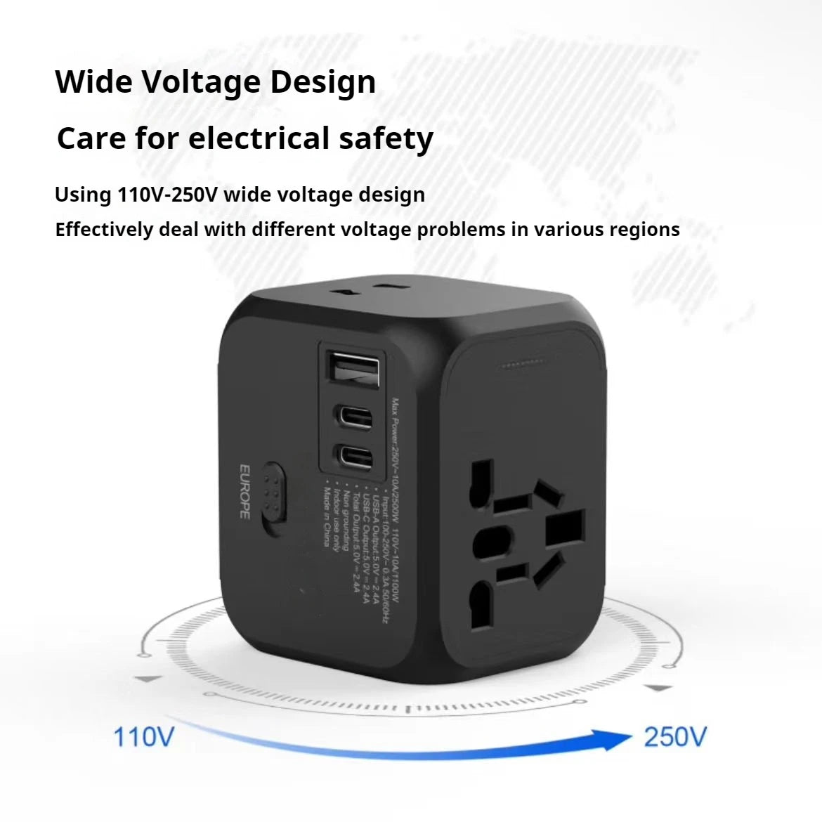 Universal Travel Power Adapter – Compact Converter with Multi-Plug Outlets for China, USA, UK & Europe
