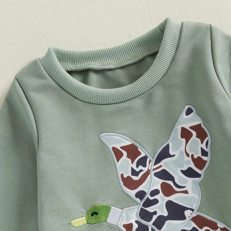 Spring Duck Embroidery Pullover & Camouflage Pants 2-Piece Outfit Set for Baby Boys