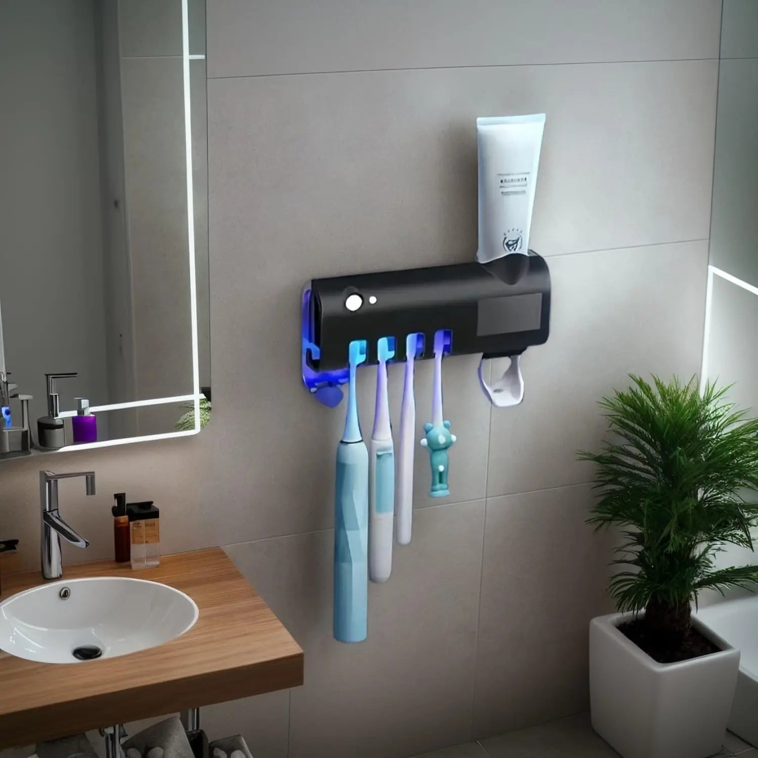 Wall-Mounted Toothpaste Dispenser & 4-Slot Toothbrush Rack – Drill-Free Bathroom Accessory