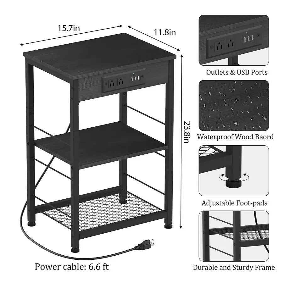 Bedside Table with Charging Station – 3-Tier Nightstand with USB Ports & Power Outlets, Side Table with Storage Rack for Bedroom & Living Room