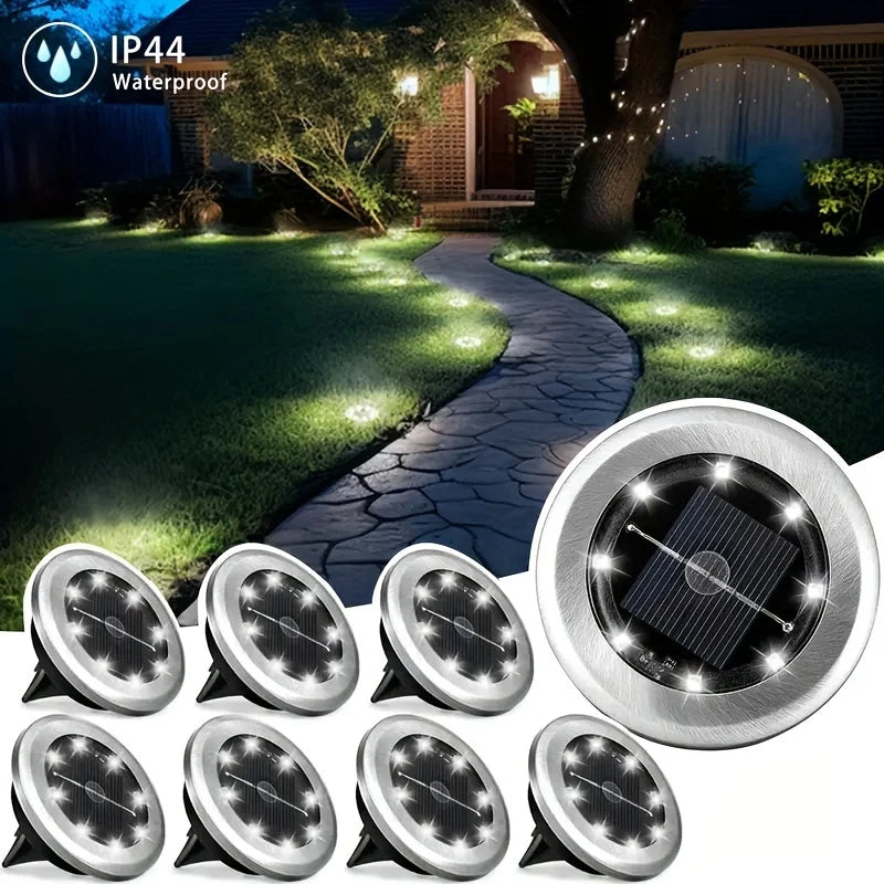 8PCS Solar Power Disk Lights – 8 LED Outdoor Garden Ground Lights | Waterproof Pathway, Deck & Landscape Illumination